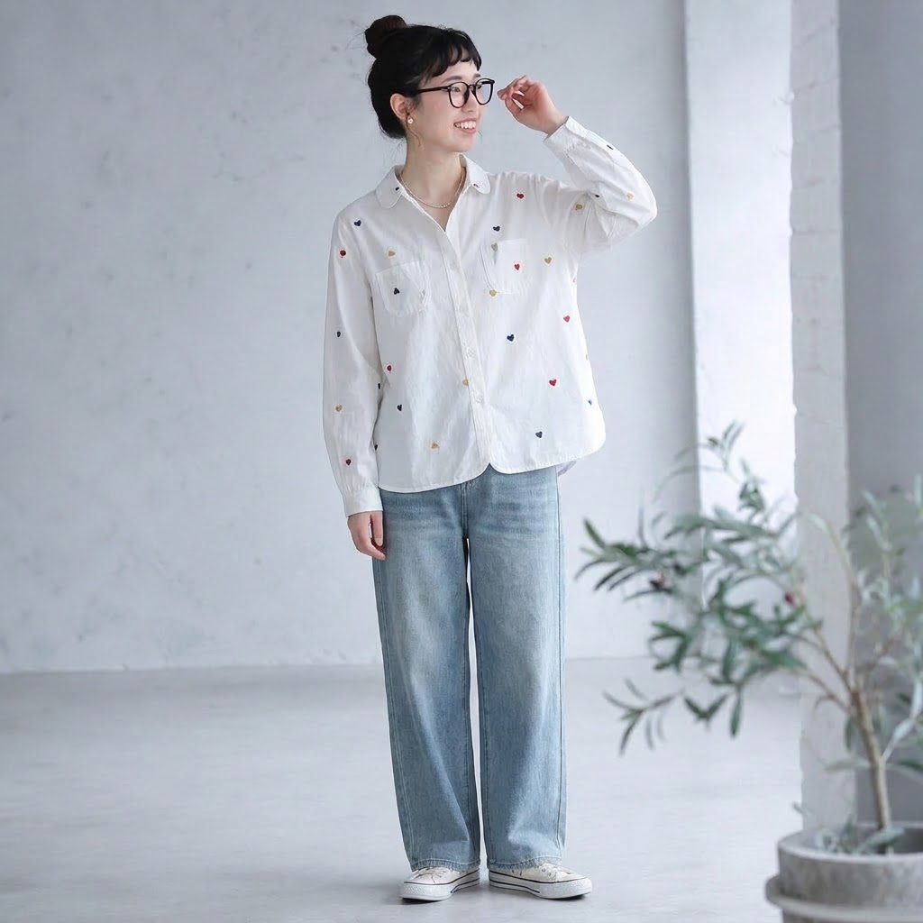F 主役級 ボタン ハート柄  刺繍 長袖  シャツ フリー 写真通り