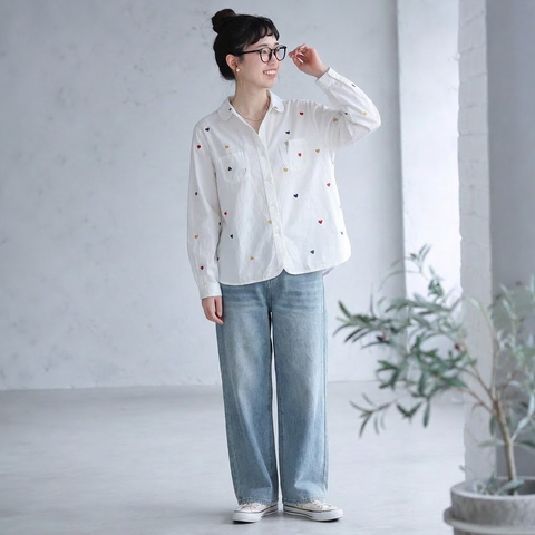 F 主役級 ボタン ハート柄  刺繍 長袖  シャツ フリー 写真通り