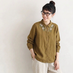 ML 着回し自在！ 無地 長袖 刺繍 花模様 清新 シャツ L カーキ