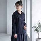 ML 気質アップ コットン 無地 刺繍 ナチュラル シャツ L ネイビー