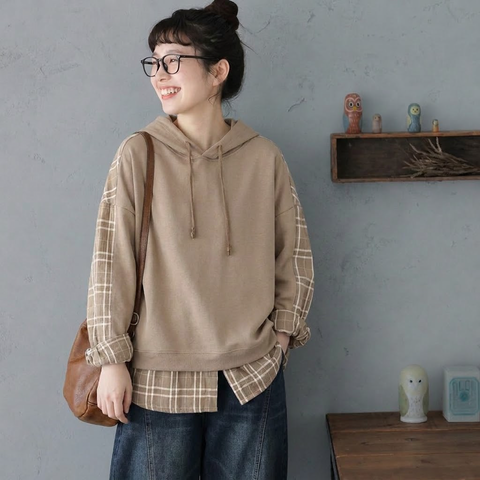 S-3XL セット風 チェック切り替え ロング丈 ゆとりのある パーカー/ジャージ S ネイビー