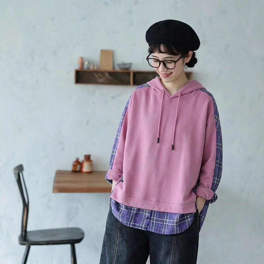 S-3XL セット風 チェック切り替え ロング丈 ゆとりのある パーカー/ジャージ S ネイビー
