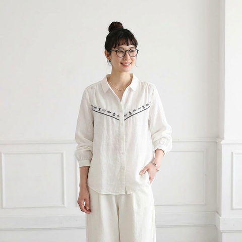 ML 気質アップ コットン 無地 刺繍 ナチュラル シャツ M ホワイト