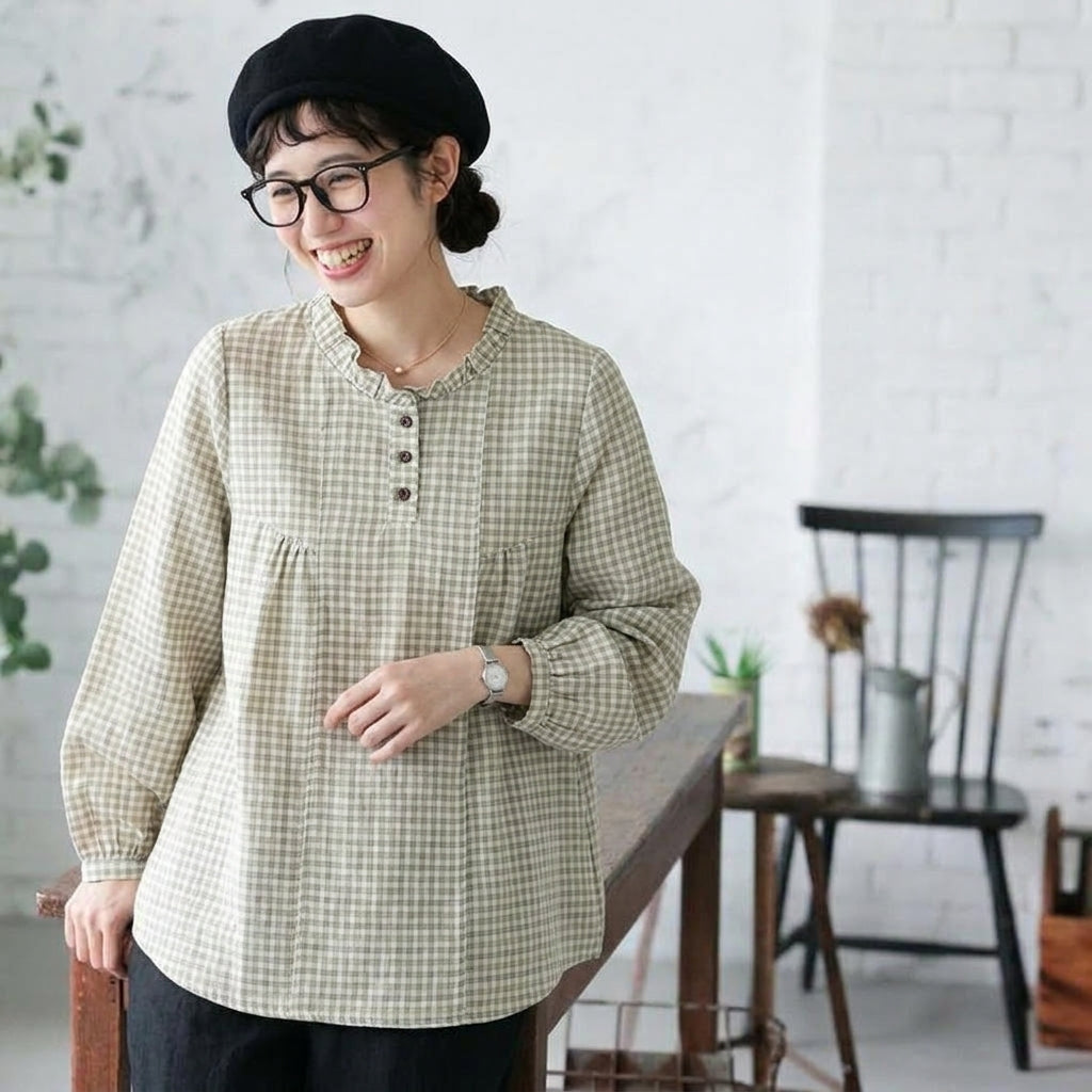 M-2XL ボタン 切り替え 長袖 チェック柄 森ガール シャツ 2XL グリーン
