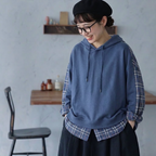 S-3XL セット風 チェック切り替え ロング丈 ゆとりのある パーカー/ジャージ 3XL ネイビー