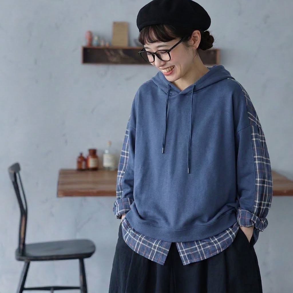 S-3XL セット風 チェック切り替え ロング丈 ゆとりのある パーカー/ジャージ 3XL ネイビー