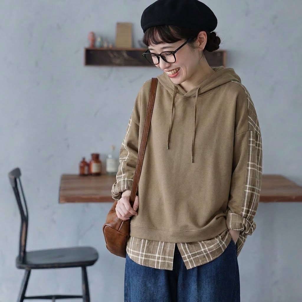 S-3XL セット風 チェック切り替え ロング丈 ゆとりのある パーカー/ジャージ 3XL キャメル