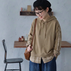 S-3XL セット風 チェック切り替え ロング丈 ゆとりのある パーカー/ジャージ 3XL キャメル