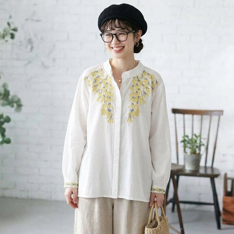 M-2XL 刺繍 花模様 ボタン 長袖 清新 女っぽさが漂う シャツ 2XL ホワイト