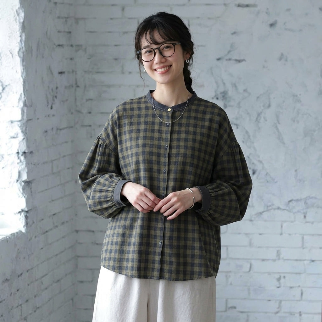 M-2XL 柔らかくて優しい印象 ナチュラル チェック柄 長袖 シャツ 2XL 写真通り