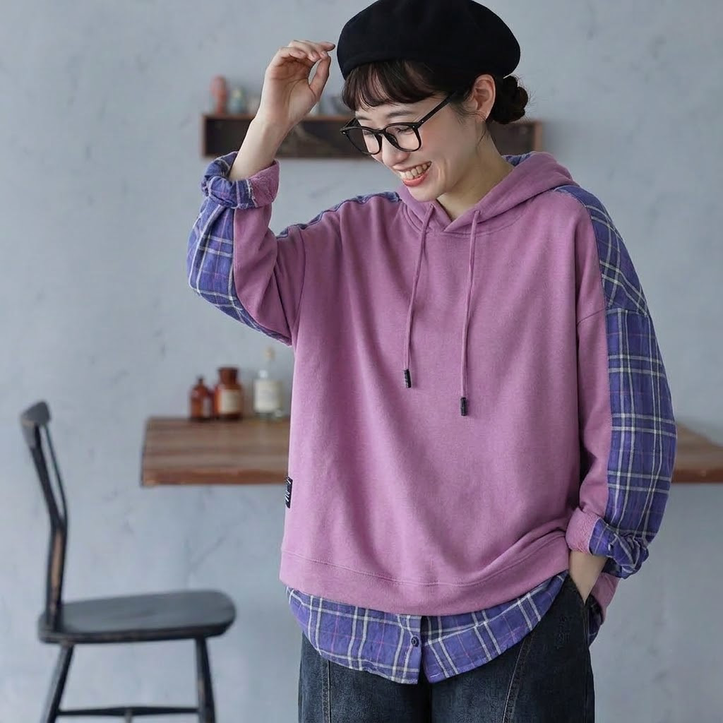 S-3XL セット風 チェック切り替え ロング丈 ゆとりのある パーカー/ジャージ 3XL ピンク
