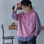 S-3XL セット風 チェック切り替え ロング丈 ゆとりのある パーカー/ジャージ 3XL ピンク