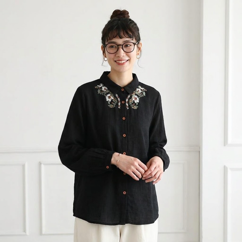 ML 着回し自在！ 無地 長袖 刺繍 花模様 清新 シャツ M ホワイト