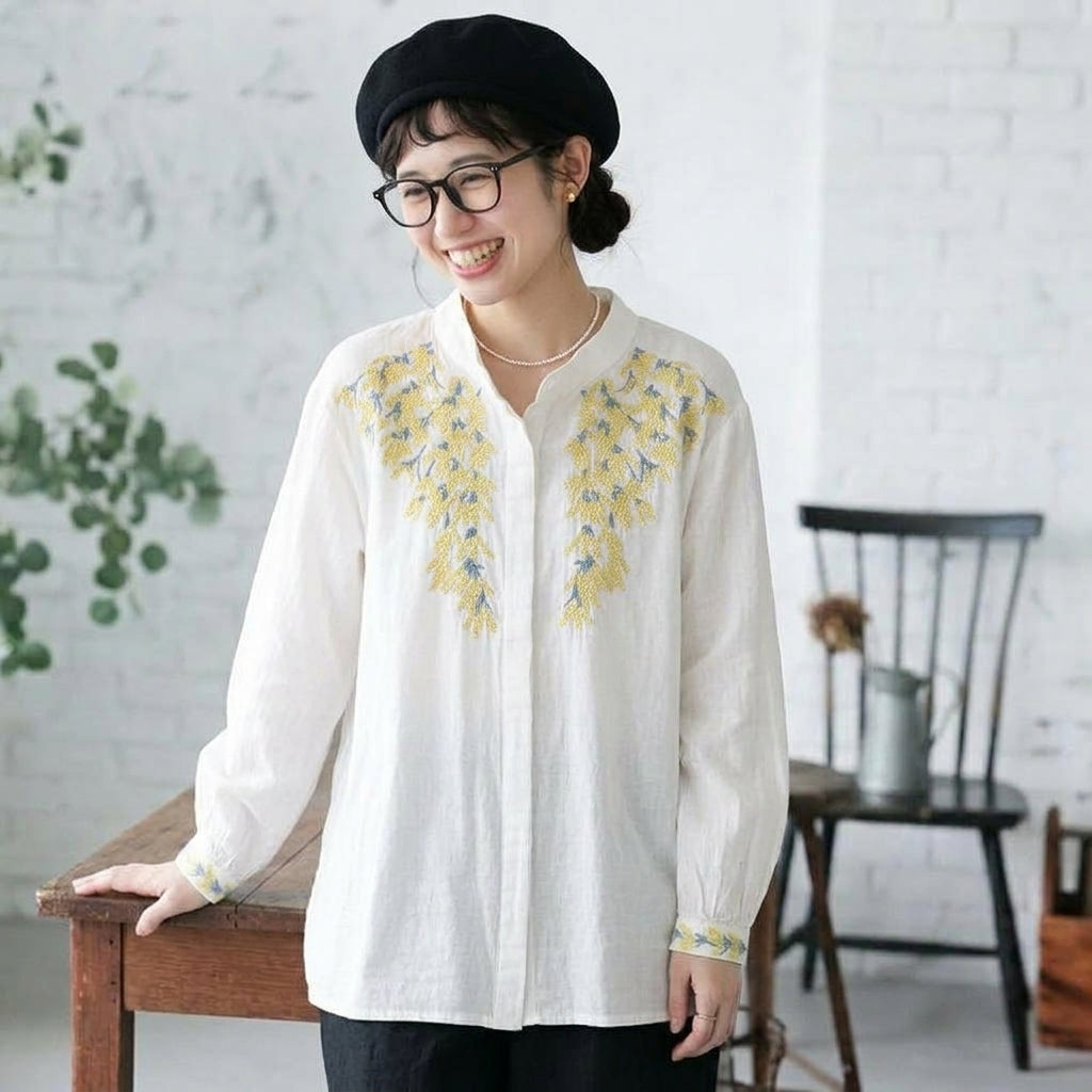 M-2XL 刺繍 花模様 ボタン 長袖 清新 女っぽさが漂う シャツ M ホワイト