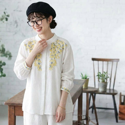 M-2XL 刺繍 花模様 ボタン 長袖 清新 女っぽさが漂う シャツ M ホワイト