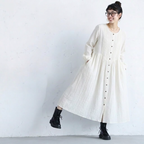 S-2XL 超快適 無地 シンプル プリーツ 長袖ワンピース S アプリコット