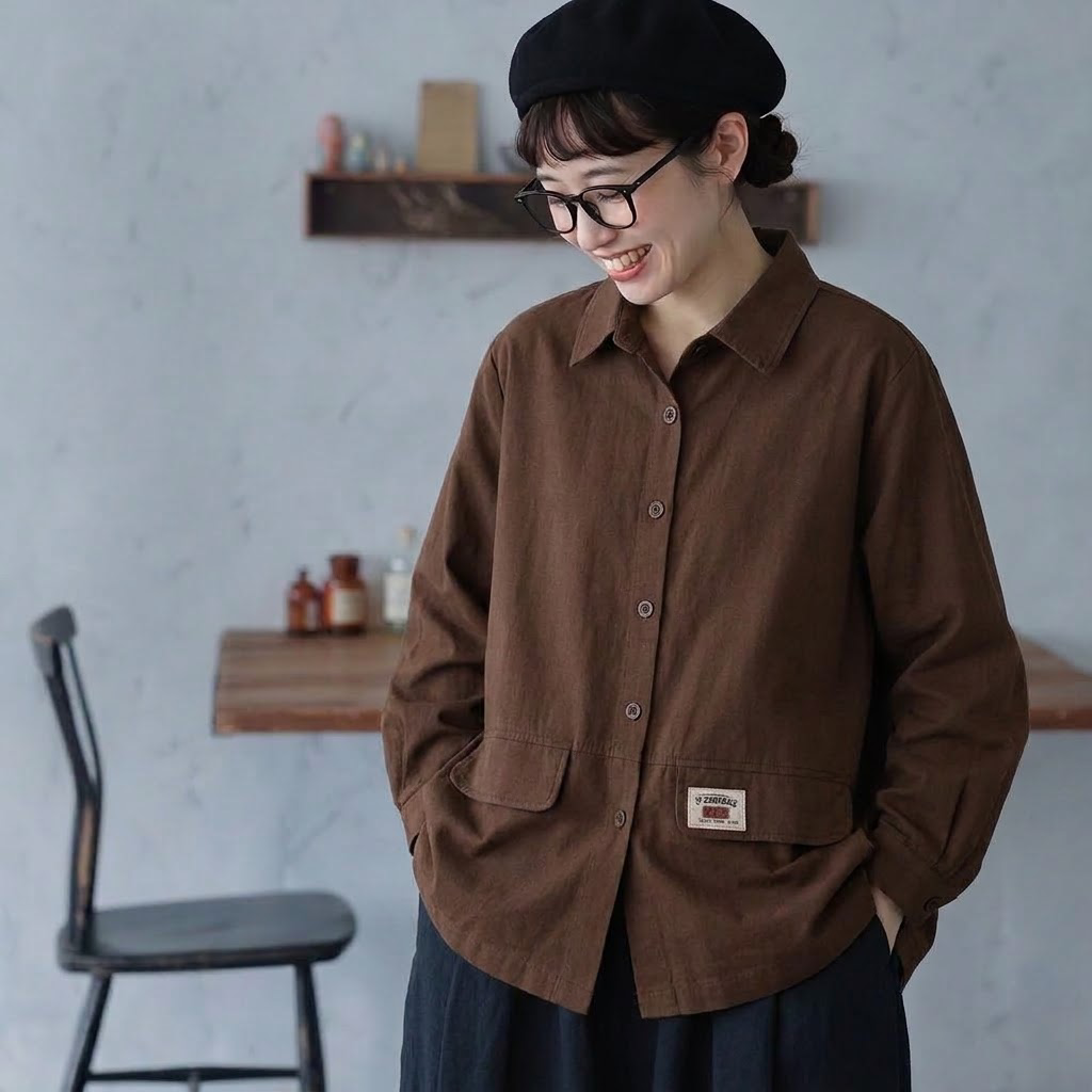 L-3XL 無地 長袖 ポケット付き ボタン 着回し シンプル ジャケット L コーヒー