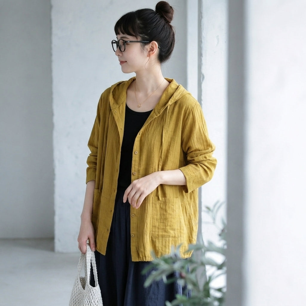 【コットン】XL-5XL 無地 ナチュラル ボタン フード付き 長袖 シャツ 5XL イエロー