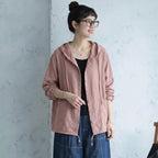 【コットン】XL-5XL 無地 ナチュラル ボタン フード付き 長袖 シャツ 5XL ピンク