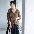 【コットン】XL-5XL 無地 ナチュラル ボタン フード付き 長袖 シャツ 5XL コーヒー