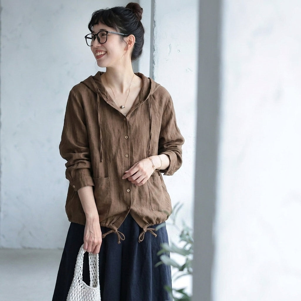 【コットン】XL-5XL 無地 ナチュラル ボタン フード付き 長袖 シャツ 5XL コーヒー