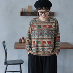 M-3XL 綿麻 Vネック 幾何総柄 長袖 ゆとりのある 着回し Tシャツ M ネイビー
