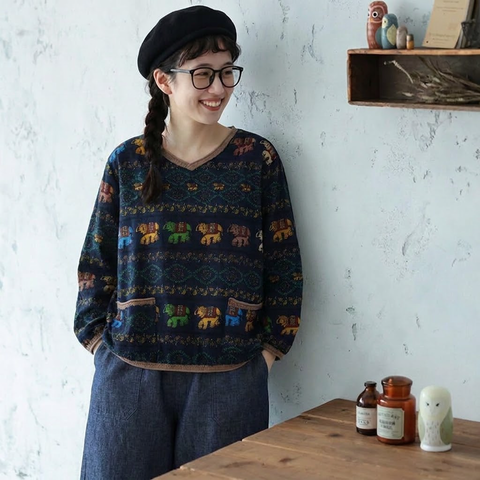 M-3XL 綿麻 Vネック 幾何総柄 長袖 ゆとりのある 着回し Tシャツ M ネイビー