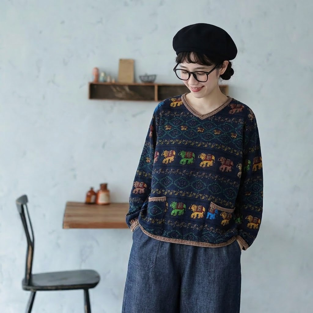 M-3XL 綿麻 Vネック 幾何総柄 長袖 ゆとりのある 着回し Tシャツ M ネイビー