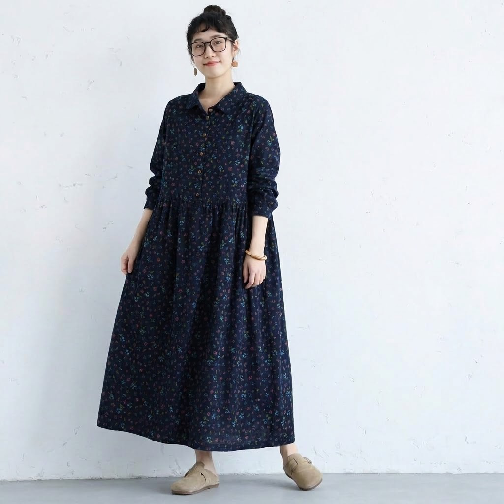 F No.1 人気商品 花柄 花模様 プリント 長袖 プリントワンピース フリー 写真通り