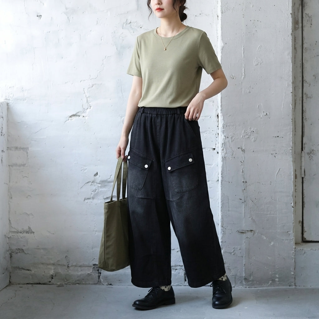 M-2XL  切り替え 無地 ポケット付き ロング丈 ボタン  ジーンズ 2XL ブラック