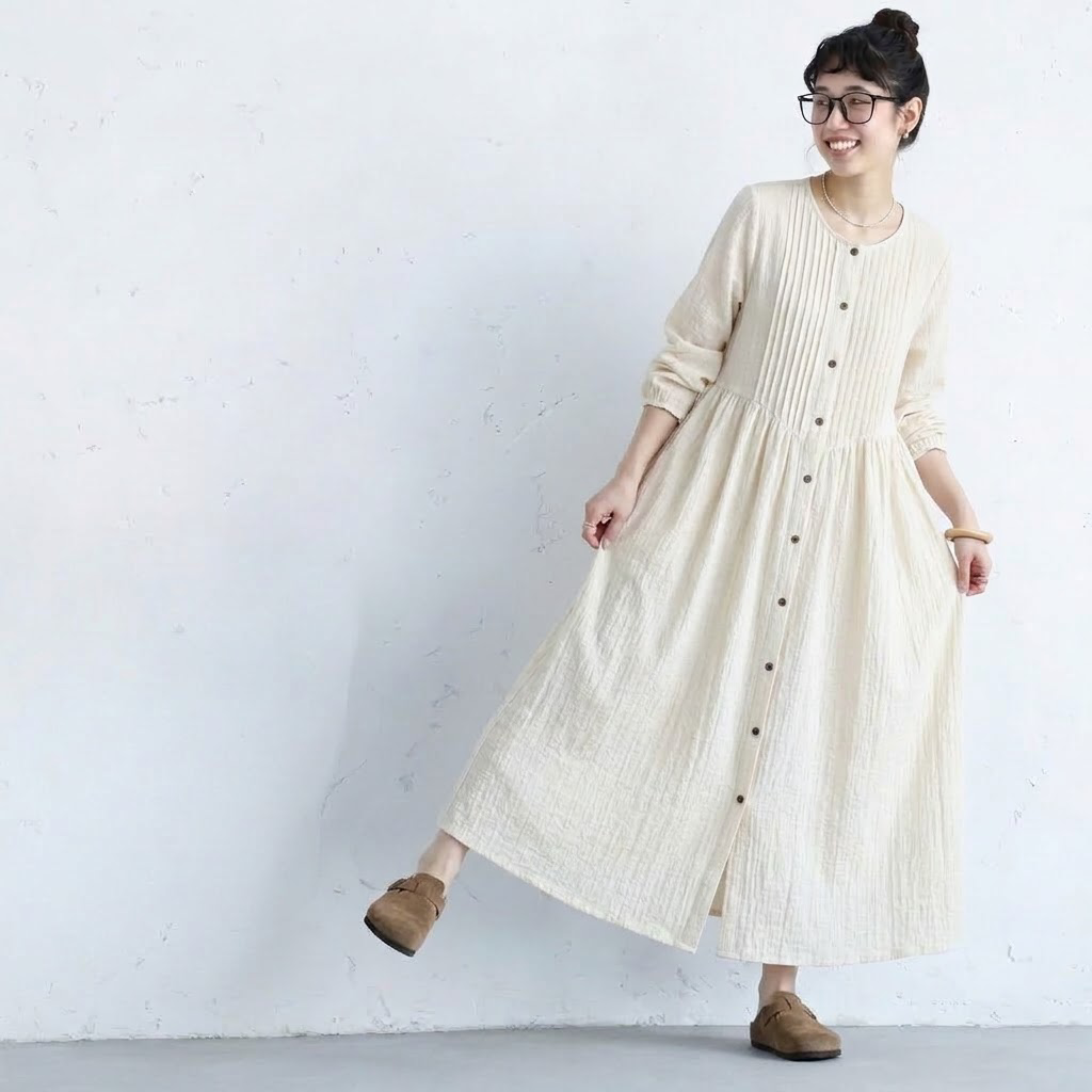 S-2XL 超快適 無地 シンプル プリーツ 長袖ワンピース S アプリコット