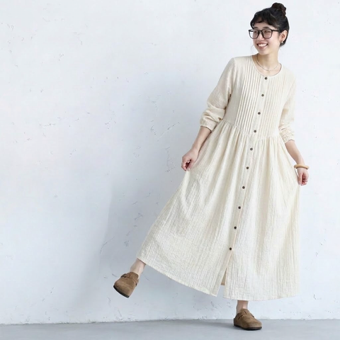 S-2XL 超快適 無地 シンプル プリーツ 長袖ワンピース S アプリコット