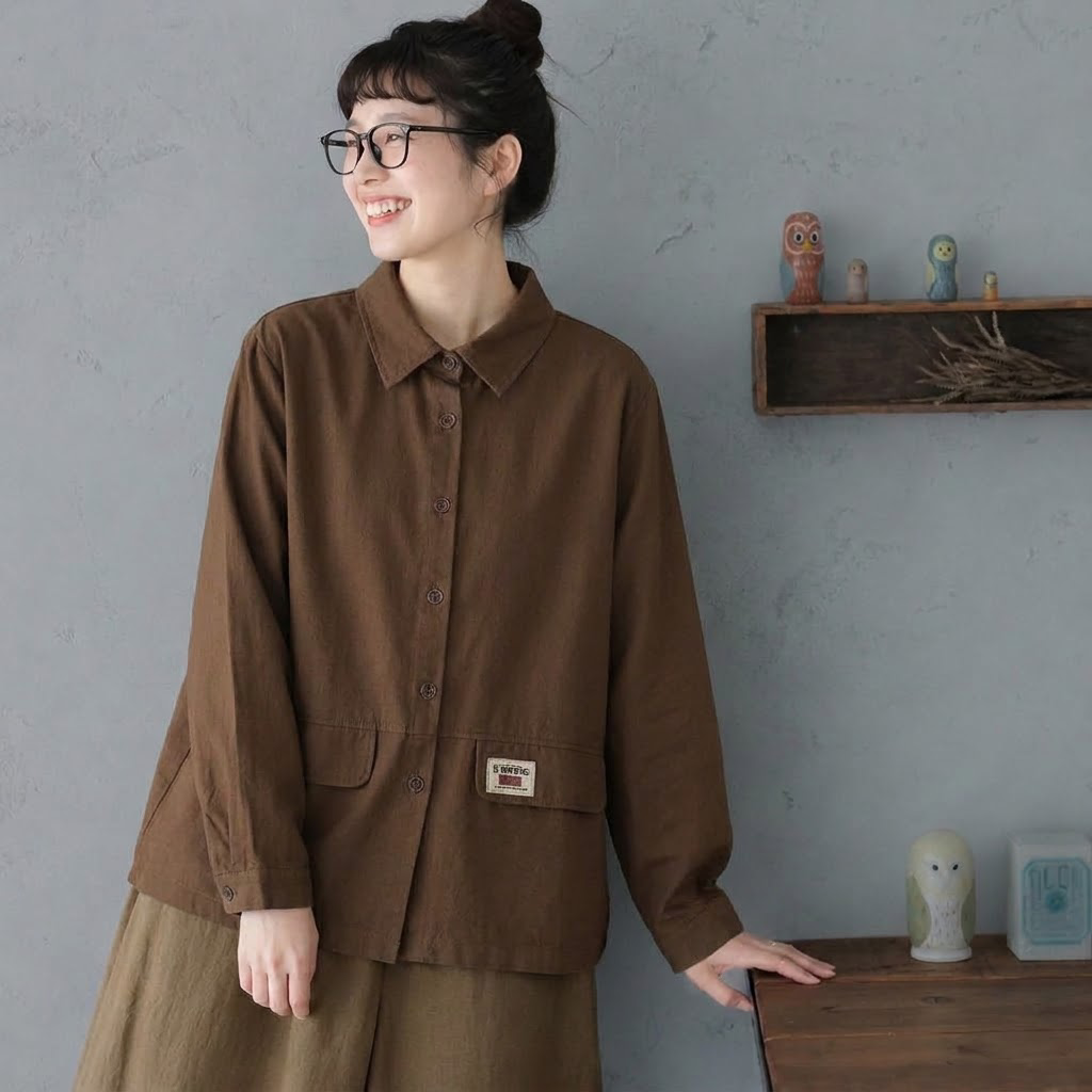 L-3XL 無地 長袖 ポケット付き ボタン 着回し シンプル ジャケット L コーヒー