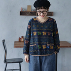 M-3XL 綿麻 Vネック 幾何総柄 長袖 ゆとりのある 着回し Tシャツ M ネイビー