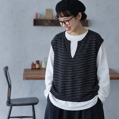 M-3XL ボーダー キーネック セット風デザイン 切り替え袖 ゆとりのある Tシャツ M ダークグレー