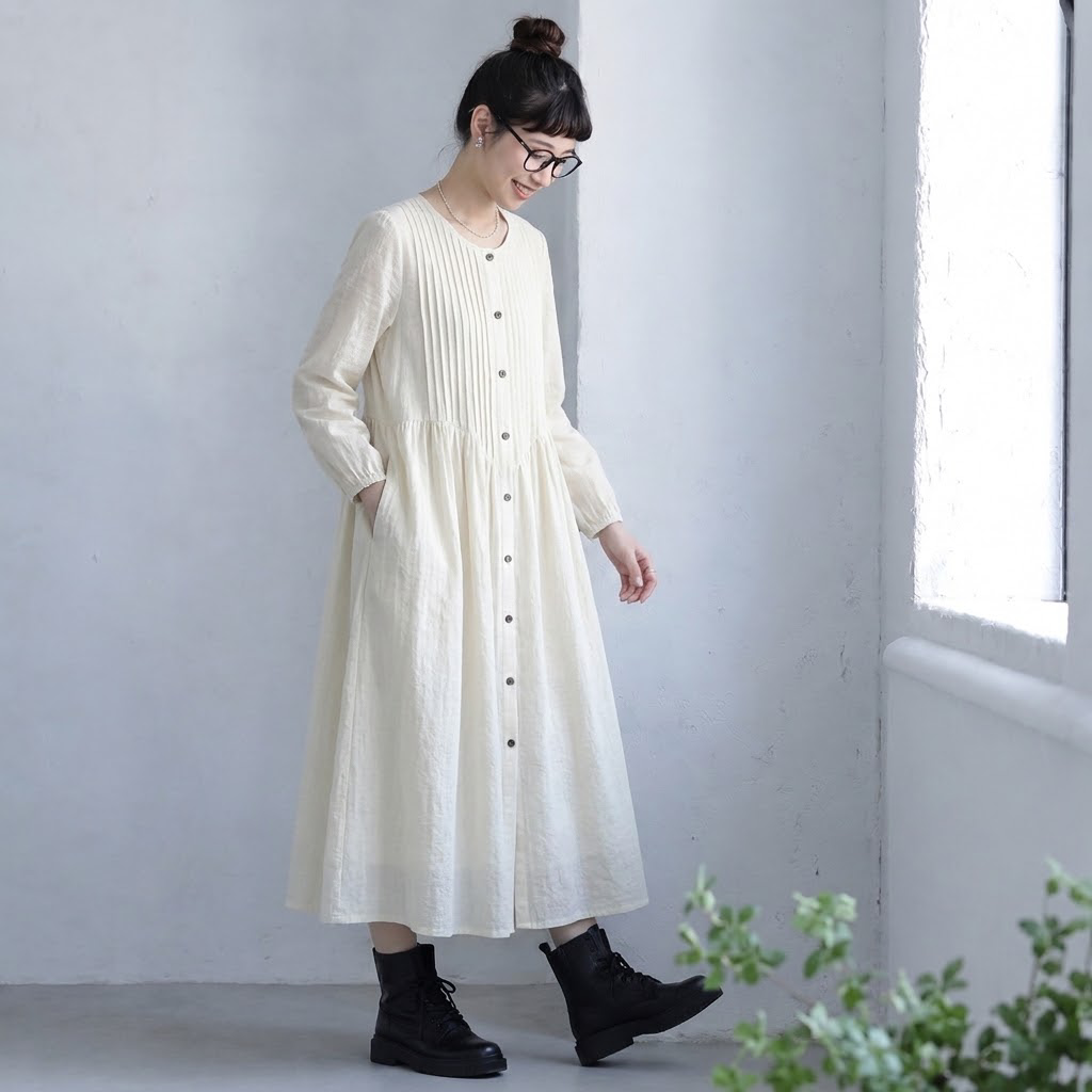 S-2XL 超快適 無地 シンプル プリーツ 長袖ワンピース S アプリコット