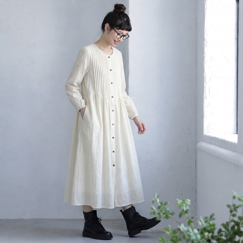 S-2XL 超快適 無地 シンプル プリーツ 長袖ワンピース S アプリコット