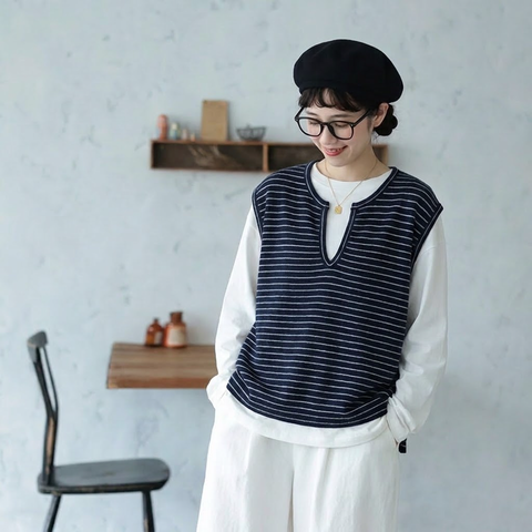 M-3XL ボーダー キーネック セット風デザイン 切り替え袖 ゆとりのある Tシャツ 3XL ネイビー