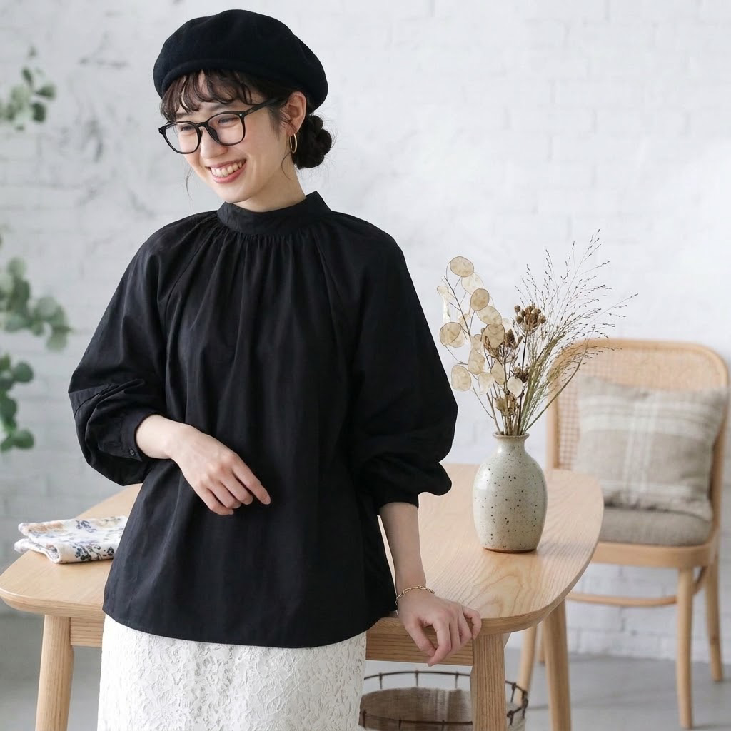 【コットン】S-XL 大きめのサイズ感 甘めな印象 ビックシルエット ボウタイ シャツ XL ブラック