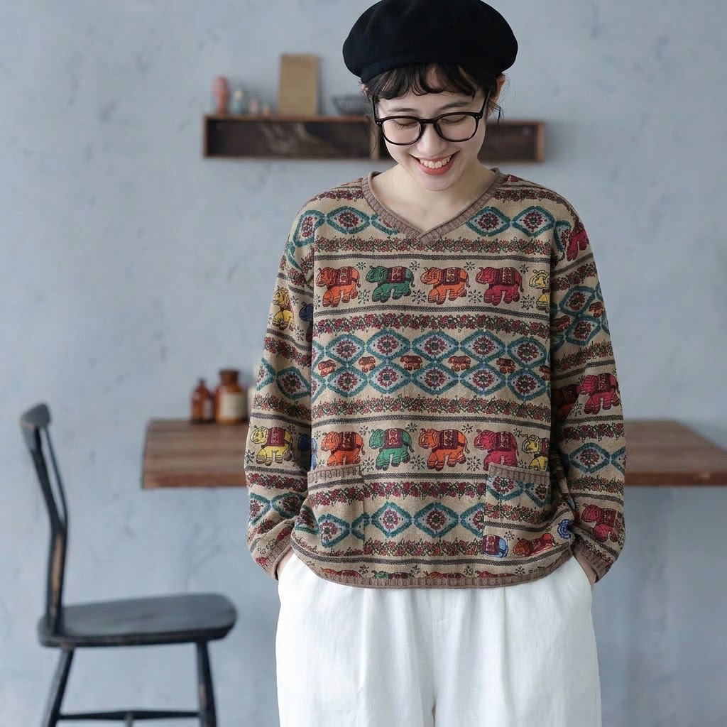 M-3XL 綿麻 Vネック 幾何総柄 長袖 ゆとりのある 着回し Tシャツ 3XL カーキ