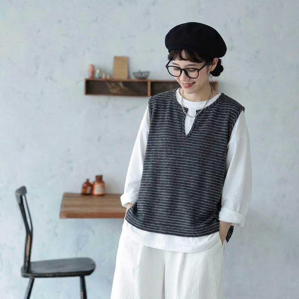 M-3XL ボーダー キーネック セット風デザイン 切り替え袖 ゆとりのある Tシャツ M ダークグレー