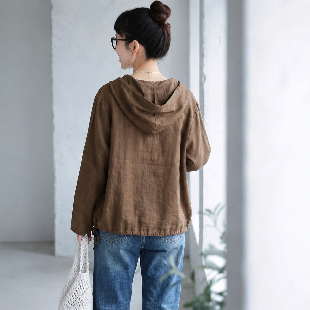 【コットン】XL-5XL 無地 ナチュラル ボタン フード付き 長袖 シャツ XL ピンク