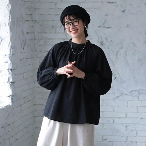 【コットン】S-XL 大きめのサイズ感 甘めな印象 ビックシルエット ボウタイ シャツ S ブラック
