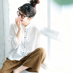 L-2XL 綿麻 刺繍 長袖 ボタン 折り襟 レトロ シャツ L グリーン