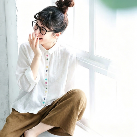 L-2XL 綿麻 刺繍 長袖 ボタン 折り襟 レトロ シャツ L グリーン