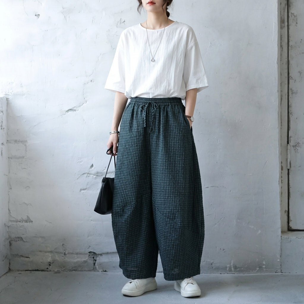 M-2XL 履き飽きない「新感覚」シンプル ナチュラル チェック柄 ガウチョパンツ M ダークブルー