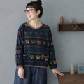 M-3XL 綿麻 Vネック 幾何総柄 長袖 ゆとりのある 着回し Tシャツ 3XL ネイビー