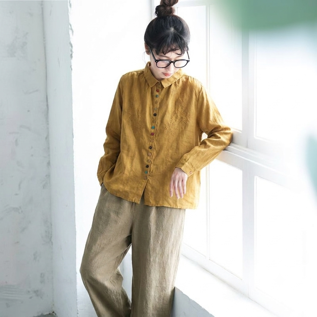 L-2XL 綿麻 刺繍 長袖 ボタン 折り襟 レトロ シャツ L グリーン