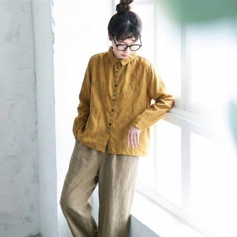 L-2XL 綿麻 刺繍 長袖 ボタン 折り襟 レトロ シャツ L グリーン