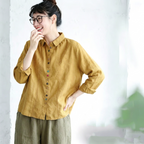 L-2XL 綿麻 刺繍 長袖 ボタン 折り襟 レトロ シャツ L グリーン